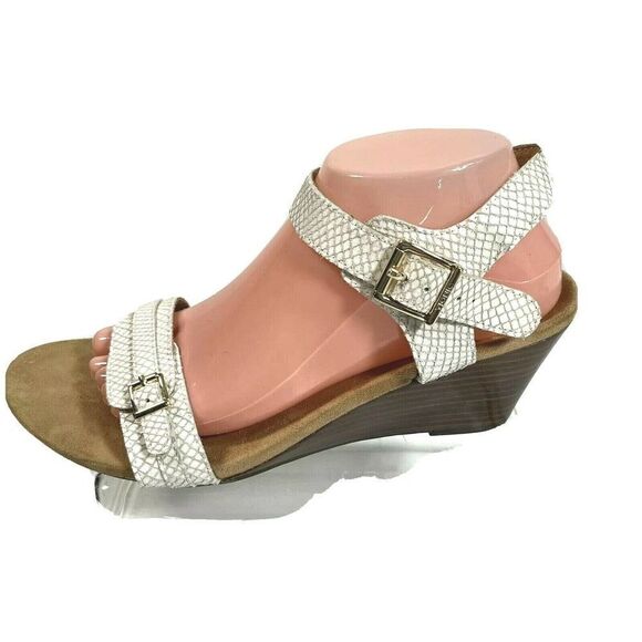 Vionic White Sandals Size 10 Laurie Wedge Ankle Strap Buckle Snake Print - Picture 11 of 12